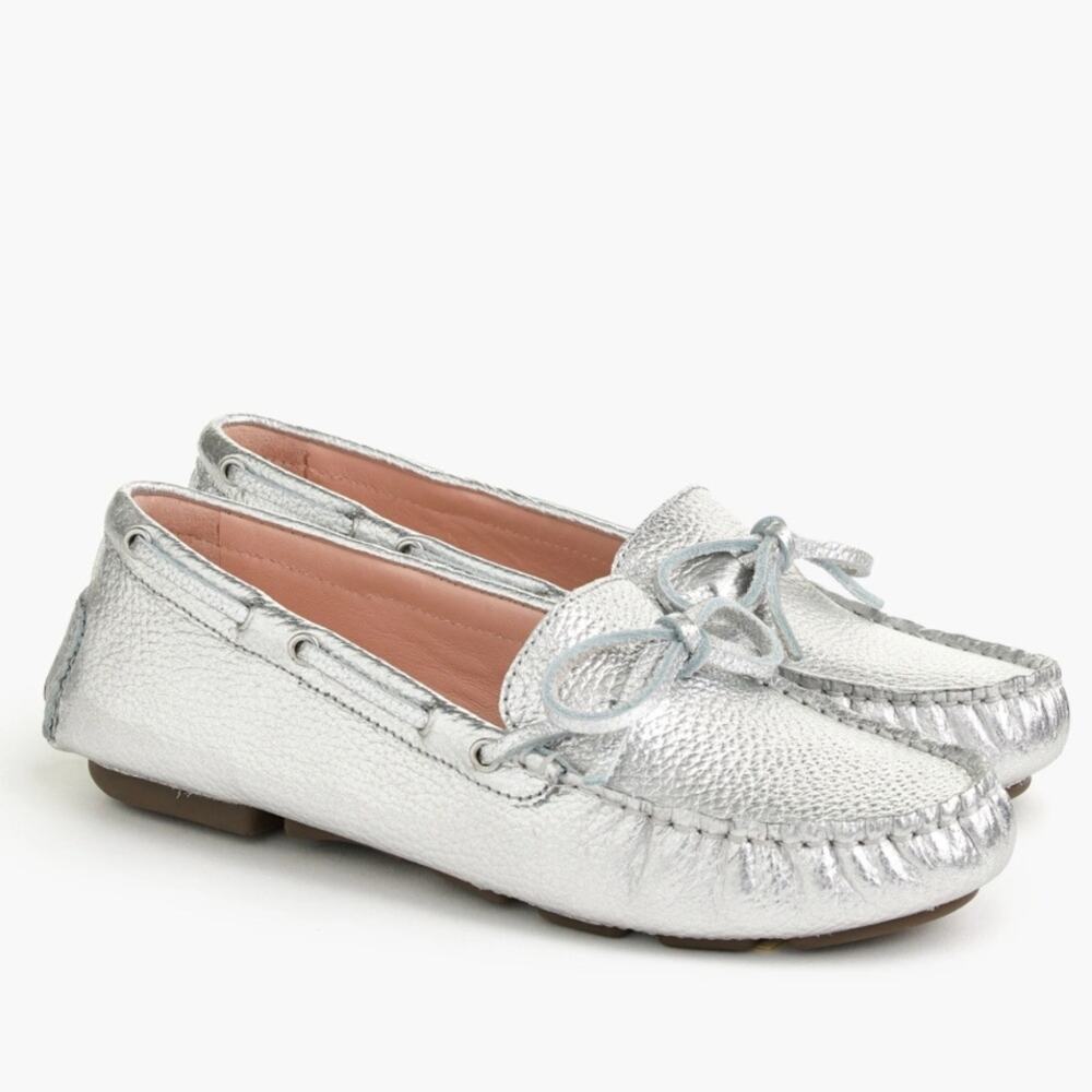 J crew silver moccasin driving loafer metallic office spring size 8.5